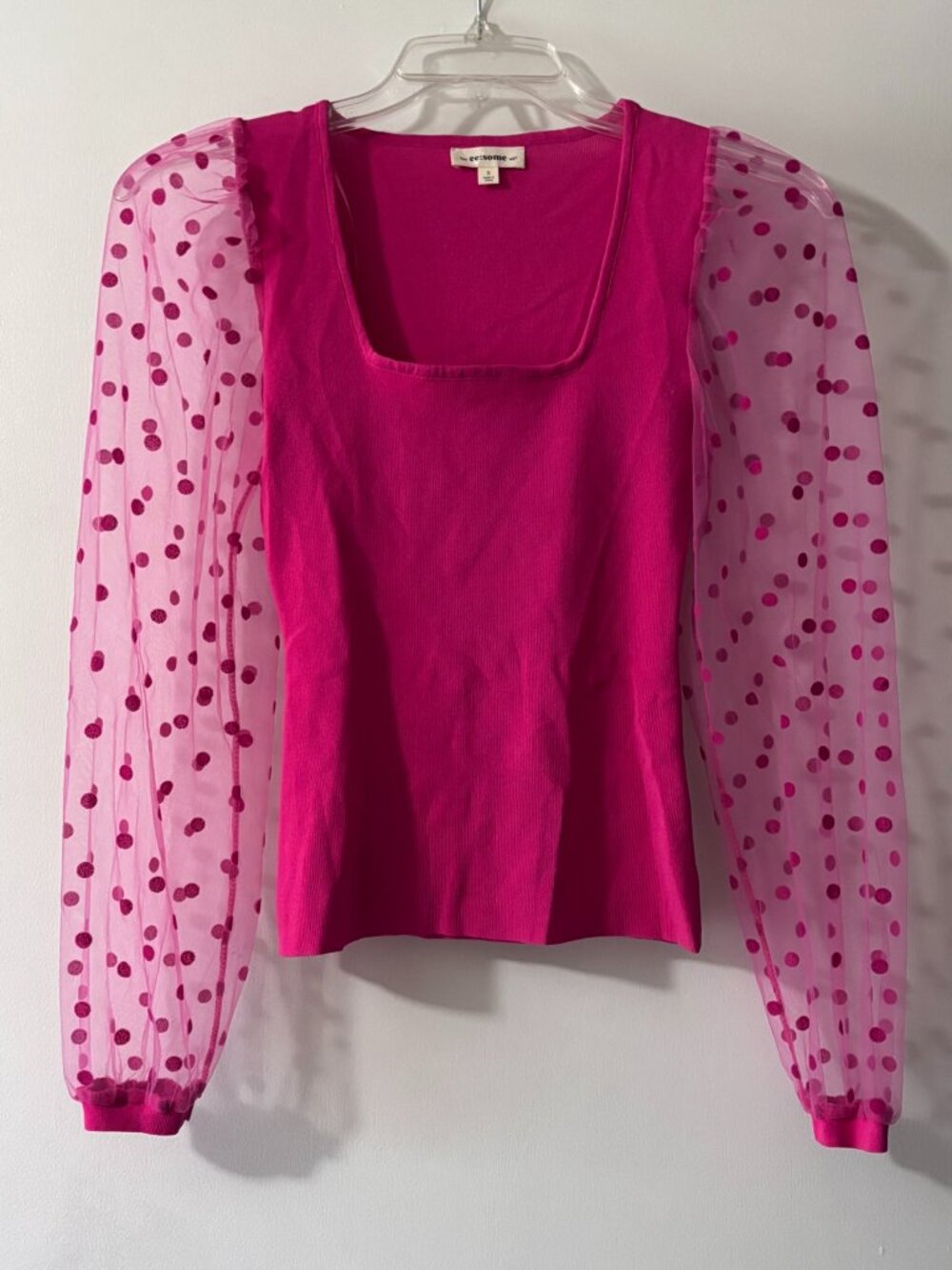 Ee:some Fuchsia Pink Square Neck Knit Top Sheer Polka Dot Puff Sleeve S